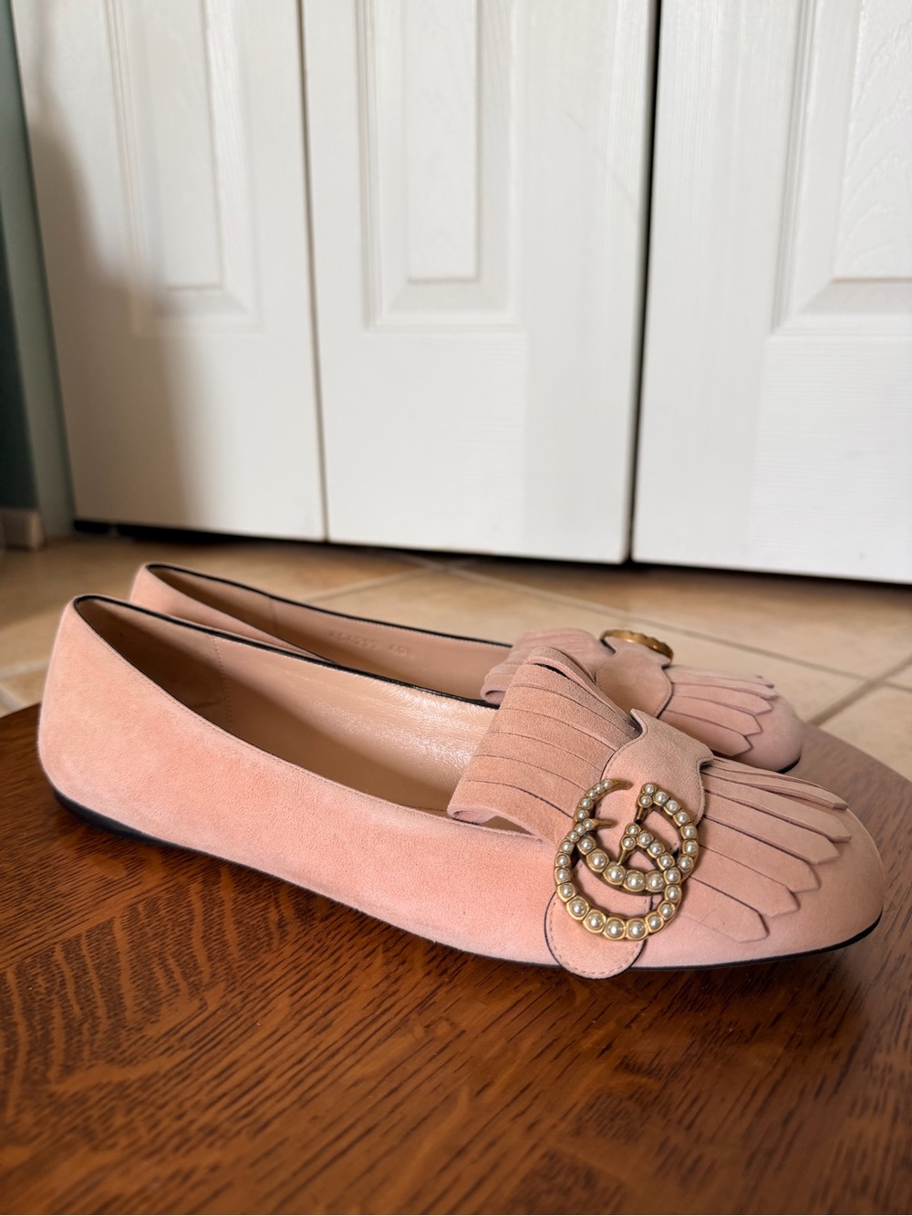 Gucci Pastel Pink Suede Marmont Flats with Pearl GG Size 10